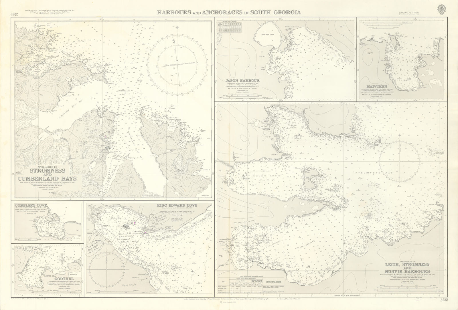 South Georgia Harbours Admiralty chart. From HMS Glamorgan 1982 1930 (1979) map
